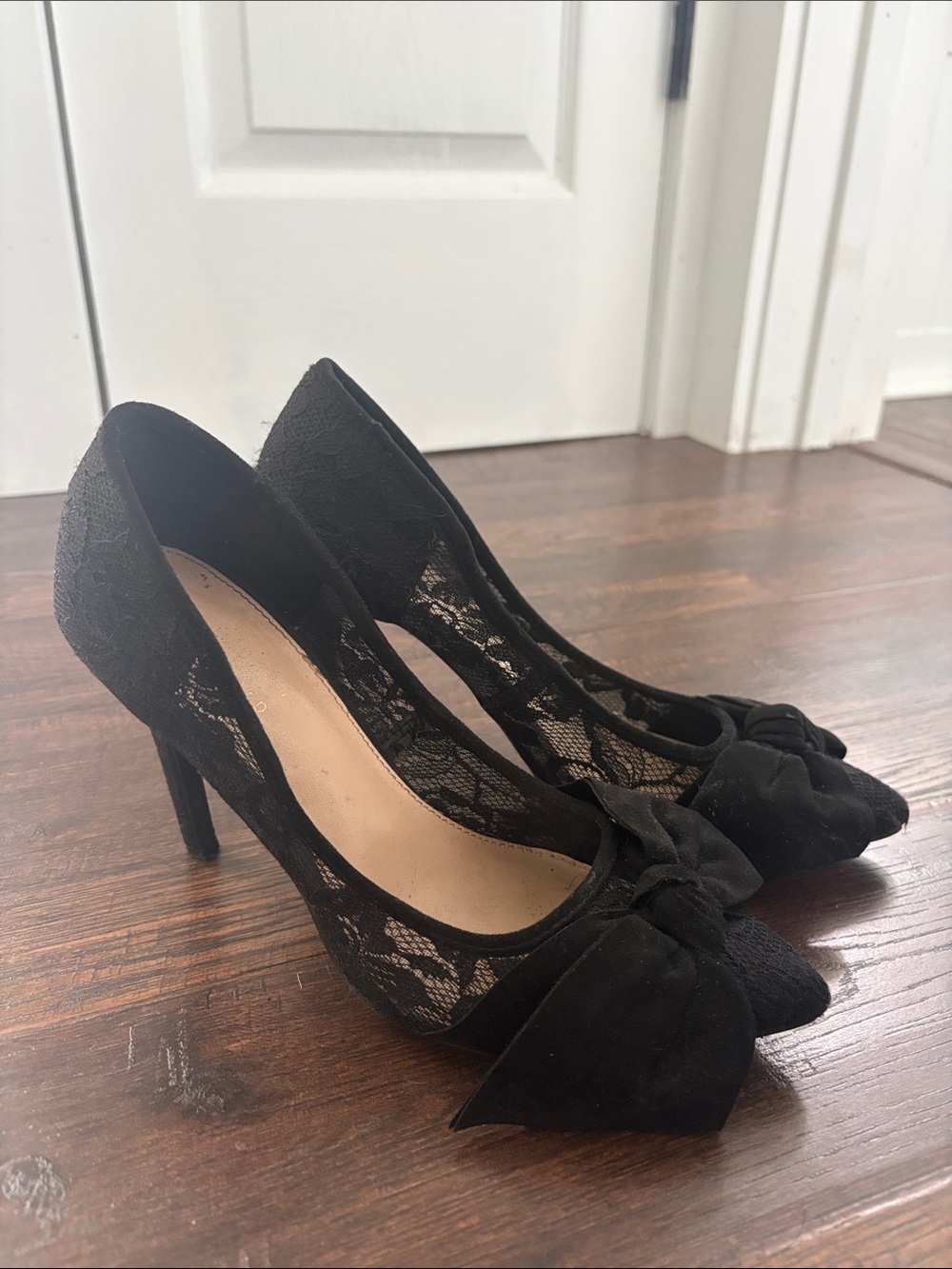 LC Lauren Conrad Black Lace Bow Pointed-Toe Heels